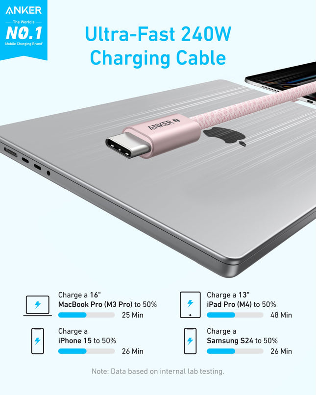 Câble Anker Zolo USB C vers USB C, câble de charge rapide Type-C tressé et anti-saleté, connecteur fin, pour iPhone 16 Series, MacBook (240W) (Rose, 0,9 m)