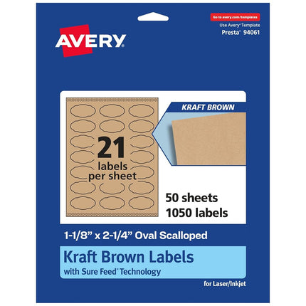 Avery Kraft Brown Oval Scalloped Labels with Sure Feed, 1-1/8" x 2-1/4", 1,050 Kraft Brown Labels, Print-to-The-Edge, Laser/Inkjet Printable Labels