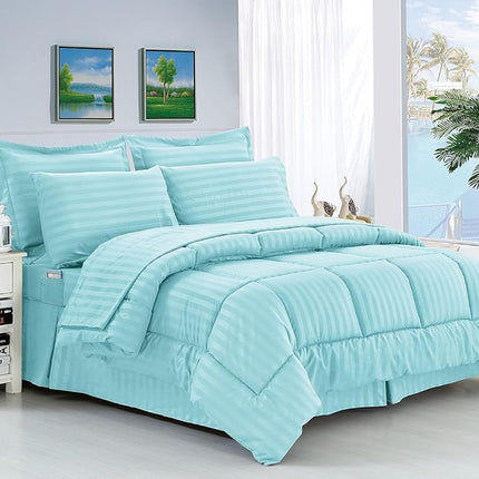 Elegant Comfort Sedoso Suave Juego de Edredón de 8 Piezas con Rayas Dobby, incluye Juego de Sábanas Inteligentes de 4 piezas, Cubre Canapé, Edredón, Fundas de Almohada y Fundas Decorativas a juego - Twin/Twin XL, Azul Claro