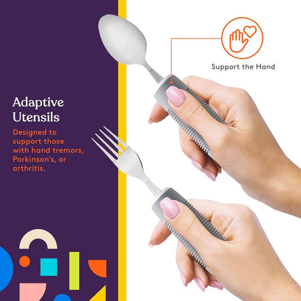 (Grey) - Adaptive Utensils (4-Piece Kitchen Set) Wide, Non-Weighted, Non-Slip Handles for Hand Tremors, Arthritis, Parkinson's or Elderly use Stainless Steel Knife, Fork, Spoons - Grey