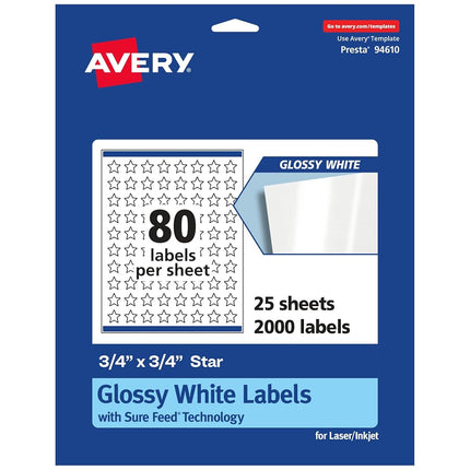Etiquetas Avery de Estrella Blancas Brillantes con Sure Feed, 3/4" x 3/4", 2,000 Etiquetas Blancas Brillantes, Impresión hasta el Borde, Adhesivo Permanente para Etiquetas, Etiquetas Imprimibles con Láser/Inyección de Tinta