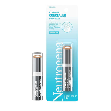 Neutrogena Hydro Boost Hydrating Concealer Stick for Dry Skin, Oil-Free, Lightweight, Non-Greasy and Non-Comedogenic Cover-Up Makeup with Hyaluronic Acid, 40 Medium, 0.12 Oz