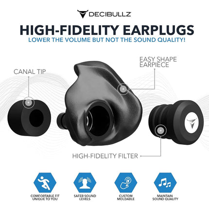 Decibullz - Custom Molded High Fidelity Earplugs - Hearing Protection for Musicians, Concertgoers, and Sensory Disabled - Black