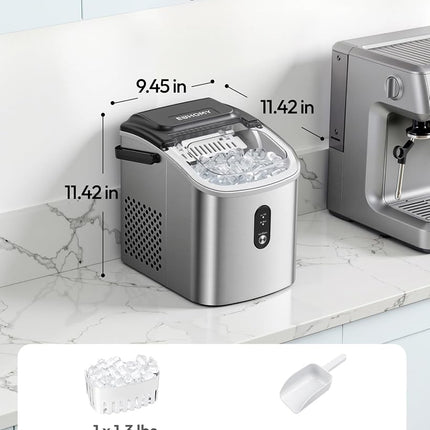 EUHOMY Countertop Ice Maker Machine with Handle, 26.3lbs Per Day, 9 Cubes in 6 Mins, Auto-Cleaning Portable Ice Maker with Basket and Scoop, for Home/Kitchen/Camping/RV (Silver)