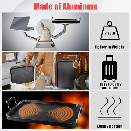 Vayepro Stove Top Flat Griddle, 2 Burner Griddle Pan for Glass Stove, Aluminum Pancake Griddle, Non-Stick Top for Gas Grill, Double Burner for Camping/Indoor