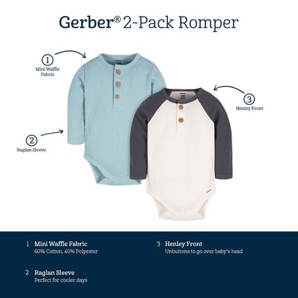 Gerber Baby Boys' 2-Pack Long Sleeve Henley Onesies, Blue and Ivory, 0-3 Months