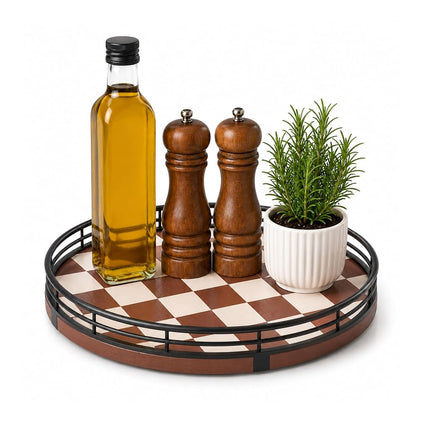 AMH 9-Inch Brown Checkerboard Lazy Susan Organizer
