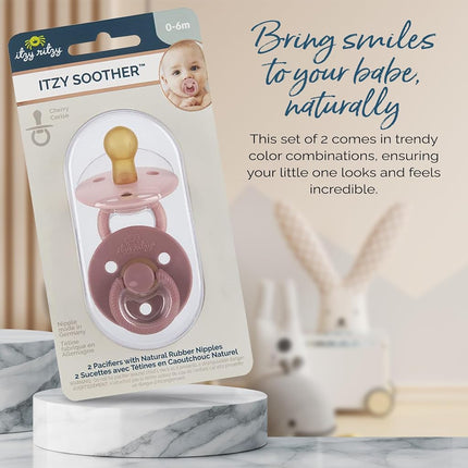 Chupetes de caucho natural Itzy Ritzy, juego de 2 - Chupetes de caucho natural para recién nacidos con tetina en forma de cereza y orificios de ventilación grandes para mayor seguridad; Juego de 2 en Blossom y Rosewood, edades de 0 a 6 meses