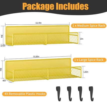 Magnetic Spice Rack for Refrigerator, 2 Pack 100% Metal Strong Magnet Shelf, Space Saving Spice Organizer W/ Hooks, Movable Magnetic Fridge Shelf, Kitchen Home Laundry Room Storage Organization,Yellow