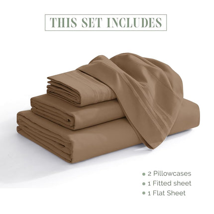 Elegant Comfort Luxurious 1500 Premium Hotel Quality Microfiber Three Line Embroidered Softest 4-Piece Bed Sheet Set, Wrinkle and Fade Resistant, King, Taupe