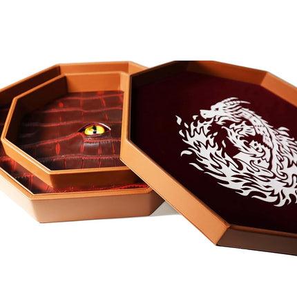 Fantasydice 12" Fire Dragon Eye Dice Tray with Lid – Extra Large Octagon with Mesmerizing Eye Design, Dice Staging Area – Holds 7 Full Dice Sets for Epic RPGs like D&D, Call of Cthulhu, and Shadowrun!