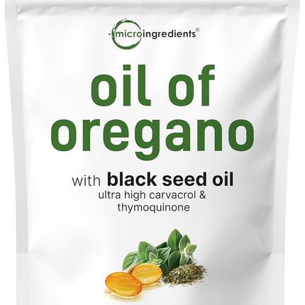 Micro Ingredients Aceite de Orégano en Cápsulas Blandas 6000mg por Porción, 300 Unidades | 2 en 1 Formulado con Aceite de Semilla Negra 200mg, Carvacrol y Timokinona 4 Veces Más Potentes | de Origen Vegetal, Sin OGM y Apoyo Inmunológico