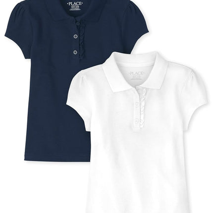 The Children's Place Polo piqué à manches courtes et volants pour filles, paquet de 2, Tidal/blanc, L (10/12)