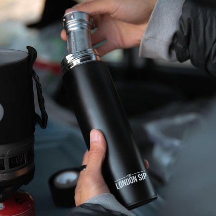 25 oz Multi-Function Travel Mug and Tumbler | Tea Infuser Water Bottle | Fruit Infused Flask | Hot & Cold Double Wall Stainless Steel Coffee Thermos | by Here & Now Supply Co. Zen Black