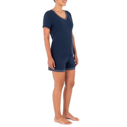 Fruit of the Loom Women's Sleeve Tee and Short 2 Piece Sleep Set, Midnight Blue, Large