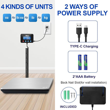 TIPRE Shipping Scale 660lbs for Packages,Heavy Duty Digital Postal Express Scale,1 oz High Accuracy with Charging Cable & Batteries,Extra Large Stainless Steel for Small Business,Warehouse,Home