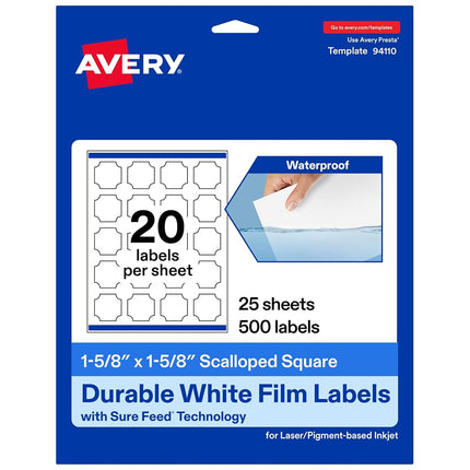 Avery Durable Waterproof Square Scalloped Labels with Sure Feed, 1-5/8" x 1-5/8", 500 Oil and Tear-Resistant Waterproof Labels, Print-to-The-Edge, Laser/Pigment-Based Inkjet Printable Labels