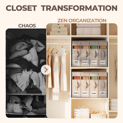 ZenStorage 6 Pack Foldable Sheet Set Organizer with Clear Windows and Labels, Beige, 15.16"L x 12.99"W x 4.65"H, King & Queen Size Sheet Organizer for Linen Closet, Dustproof