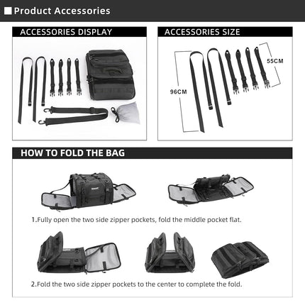 Rhinowalk Motorcycle Travel Luggage, Expandable Motorcycle Tail Bag 45L,Waterproof All Weather/Trunk/Rack Bag with Sissy Bar Straps-Black