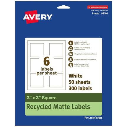 Avery EcoFriendly Etiquetas Cuadradas Recicladas Blancas Mate, 7.6 x 7.6 cm, Impresión hasta el Borde, Etiquetas Blancas Mate, Adhesivo Permanente, Apto para Impresoras Láser/Inyección de Tinta, 300 Unidades en Total