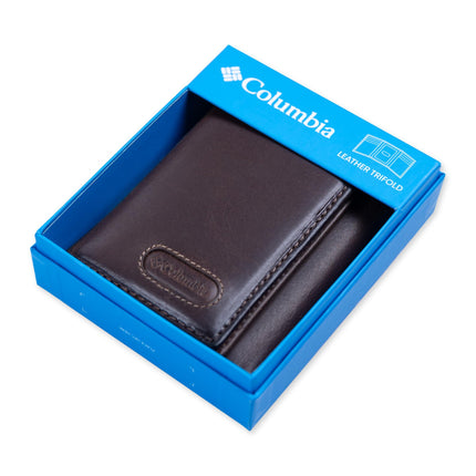 Billetera Trifold Columbia para hombre con RFID, incrustación de logo marrón, talla única, trifold de capacidad extra con incrustación de logo