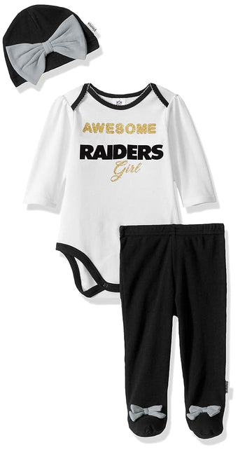 Gerber NFL Oakland Raiders Bodysuit Footed Pant and Cap, 6-9M, Black/Silver