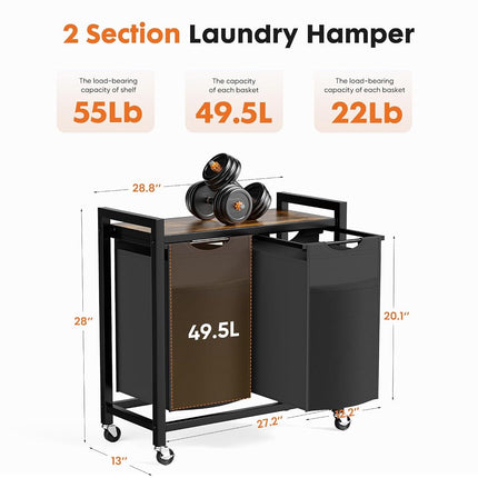 DUMOS Laundry Hamper with 2 Pull-Out Removable Sorter Bags, Movable Wheels, Freestanding Clothes Basket Organizer in Bathroom, 2 × 13.1Gal (99L) Capacity, Rustic Brown and Black
