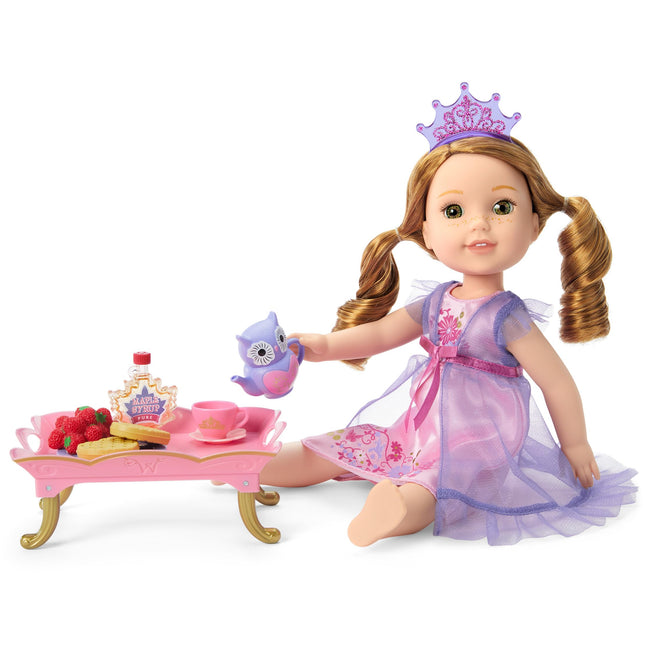American Girl WellieWishers Breakfast in Bed Tray for 14.5" Dolls with a Hand Folding Tray, Purple teapot, Crown Teacup, Saucer,Plate, and 2 Heart-Shaped Waffles, Ages 4+