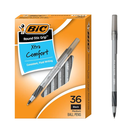 BIC Round Stic Grip Xtra Comfort Black Ballpoint Pens, Medium Point (1.2mm), 36-Count Pack, Perfect Writing Pens With Soft Grip for Superb Comfort and Control