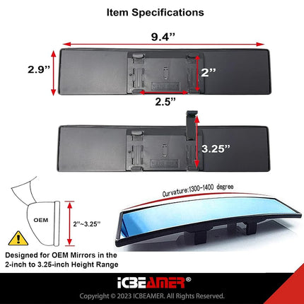 9.4" ICBEAMER Clip On Rear View Mirror | Convex Blue Tint, Panoramic Wide Angle HD Glass, Anti Glare, Universal Fit for Car, SUV, Truck | Eliminates Blind Spots (1 Pack)
