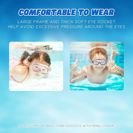 KAILIMENG 2 Pack Kids Swim Goggles, Clear Wide View No-Leak Anti-Fog UV Protection Swimming Glasses with Nose Clip Earplugs for Toddlers Youth Child 3-15 Years Old (Pink & Purple, 2 Pack)