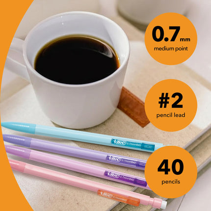 BIC Xtra-Smooth Lápices mecánicos pastel con gomas de borrar, punta mediana (0.7 mm), paquete de 40 unidades, lápices mecánicos a granel para útiles escolares u de oficina