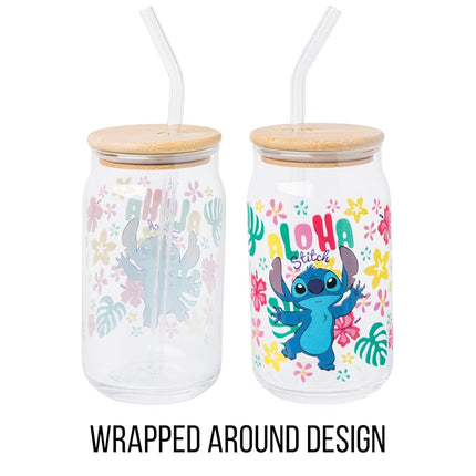 Silver Buffalo Disney Lilo and Stitch “Aloha” Tropical Hawaiian Glass Jar Tumbler with Bamboo Lid and Glass Straw, 16 Ounces