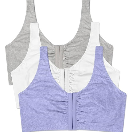 Fruit of the Loom Women's Front Closure Cotton Bra, Blue Gem Heather/White/Grey, 48