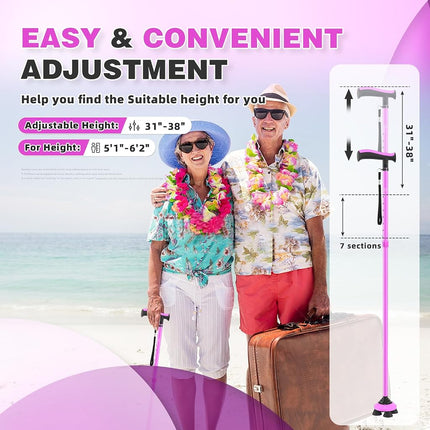 BeneCane Walking Cane for Men & Women Walking Stick for Seniors Folding Canes Quad Cane Adjustable Lightweight Sturdy Free Standing Collapsible Heavy Duty with Soft TPR T-Handle and Travel Bag Pink