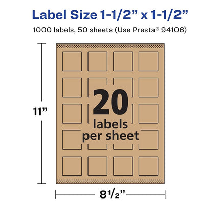 Avery Kraft Brown Square Labels with Sure Feed, 1.5" x 1.5", 1,000 Kraft Brown Labels, Print-to-The-Edge, Laser/Inkjet Printable Labels