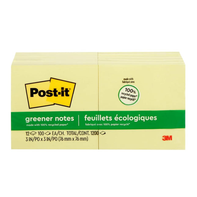Post-it Greener Notes, 3 x 3-Inches, Canary Yellow, 12-Pads/Pack