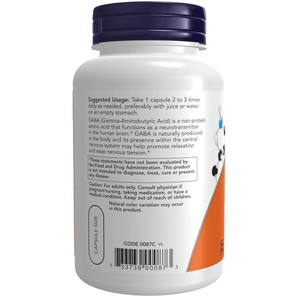 Now Supplements, GABA (Gamma-Aminobutyric Acid)500 mg + B-6, 100 Count, Veg Capsules
