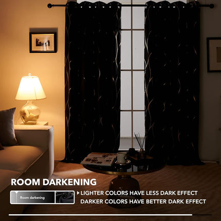Deconovo Cortinas Opacas con Aislamiento Térmico y Estampado de Ondas Doradas para Oscurecer Habitaciones, Paneles Eficientes Energéticamente, Cortinas con Ojales para Puertas Corredizas de Vidrio, 52W x 96L Pulgadas, 2 Paneles, Negro