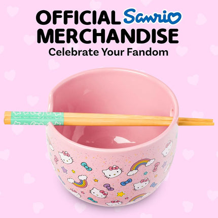 Silver Buffalo Sanrio Hello Kitty Bows Stars Rainbow Pattern Ceramic Ramen Noodle Rice Bowl with Chopsticks, Microwave Safe, 20 Ounces