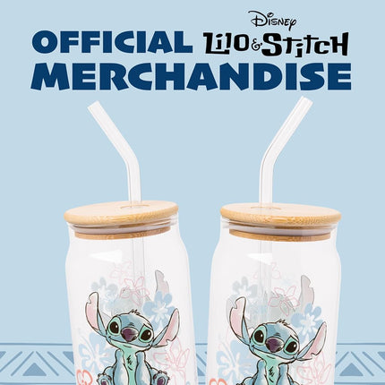 Silver Buffalo Disney Lilo and Stitch Ohana Floral Glass Jar Tumbler with Bamboo Lid and Glass Straw, 16 Ounces