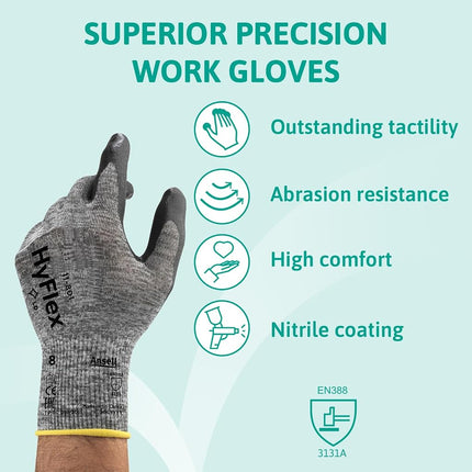 Ansell HyFlex 11-801 Professional Work Gloves, Abrasion Resistant Nitrile Coating with Firm Grip, Multipurpose Protection Gloves, Mechanical and Industrial Safety, Grey, Size XS (12 Pairs)