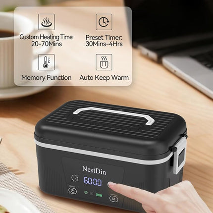 NestDin Cordless Heated Lunch Box: 1.4L Electric Lunch Box with Battery Powered - Custom Heating Time and Preset Heating Function for Adult - Portable Food Warmer for Office, Travel, Outdoor