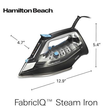Fer à vapeur Hamilton Beach pour vêtements et défroisseur avec pavé tactile intuitif FabricIQ, semelle durable en acier inoxydable, arrêt automatique à 3 voies, 1800 watts, réservoir d'eau de 350 ml, cordon de 3 m, noir (14950)