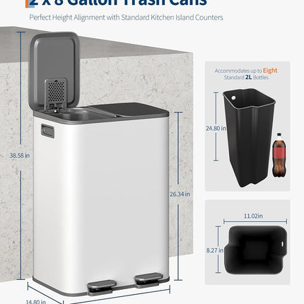 GarveeHome 2 x 8 gal Stainless Steel Double Trash Can with Lid for Kitchen, Large Dual Trash and Recycle Bin Combo, Step-on Kitchen Metal Garbage Cans, PP Inner Buckets, Liner Rim, Grayish-White