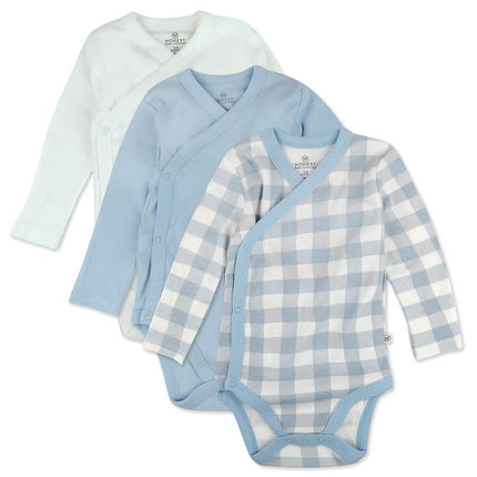 HonestBaby unisex-baby 3-pack Long Sleeve Side-snap Kimono Bodysuits Organic Cotton for Infant Baby Boys, Girls, Unisex, Blue Painted Buffalo Check, Preemie