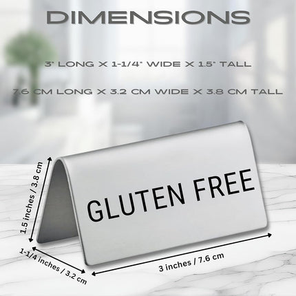 Gluten Free Stainless Steel Metal Table Tent Sign - 3" x 1-1/2" - Table Top Setting for Restaurants, Catering Businesses, Business. Great for Wedding, Banquet, Buffet, Party, Events. To Label Food