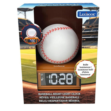 LEXiBOOK Baseball Nightlight Alarm Clock, Sounds and Melodies, LCD Backlit Screen, Luminous, Snooze, Brown/White