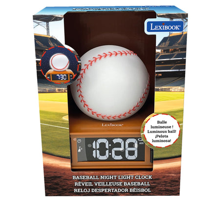LEXiBOOK Baseball Nightlight Alarm Clock, Sounds and Melodies, LCD Backlit Screen, Luminous, Snooze, Brown/White