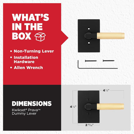 Kwikset Prava Dummy Door Handle, Single Sided Lever for Cupboards, French Double Doors and Pantry, Matte Black and Satin Brass, Reversible Non Revolving Internal Lever, Including